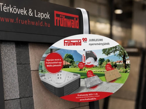 Frühwald jubileumi nyereményjáték wobbler mintaállványon, bolti promóciós marketinganyag